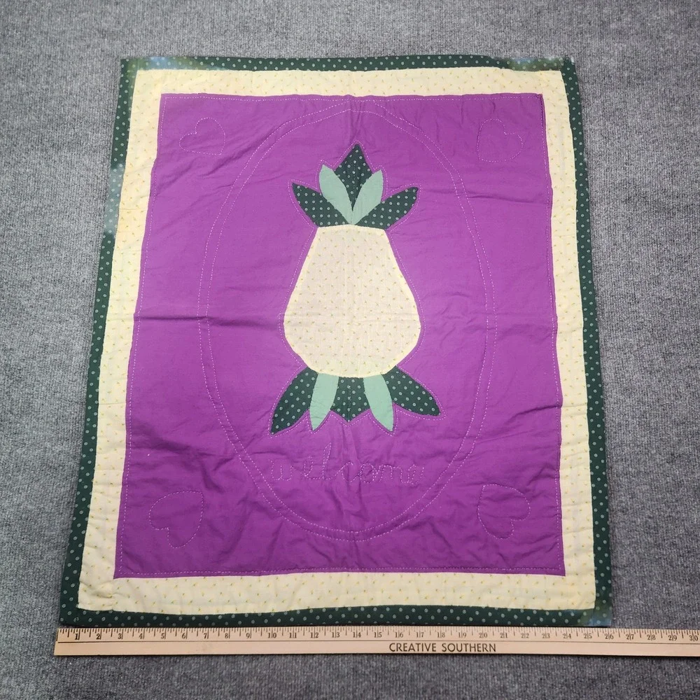 Vintage Hand Stitched Pineapple Welcome Quilt Wall Hanging Purple Green 25x31